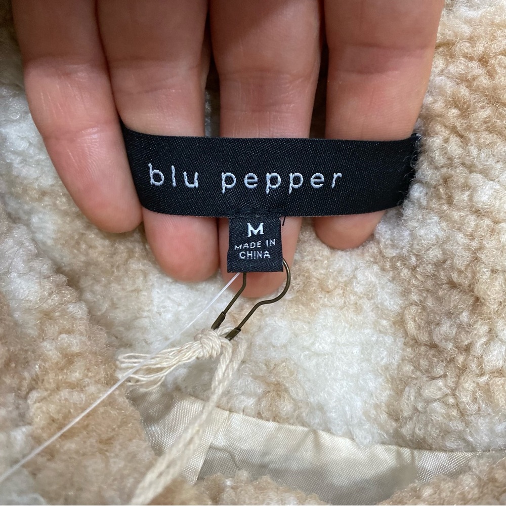 446 NWT Blu Pepper Houndstooth Teddy Jacket Sherpa Shacket Tan White Size M - Picture 7 of 8